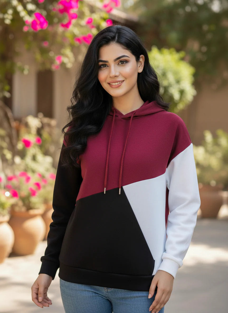 Winter Maroon Black Hoodie For Women
