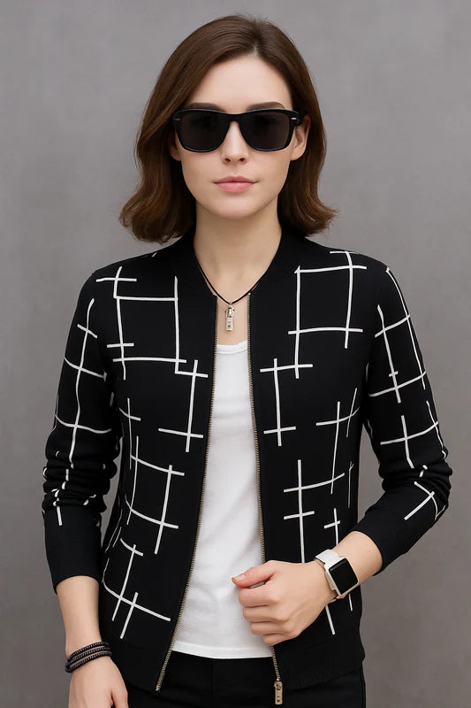 Winter Black Printed Zipper Jacket For Women