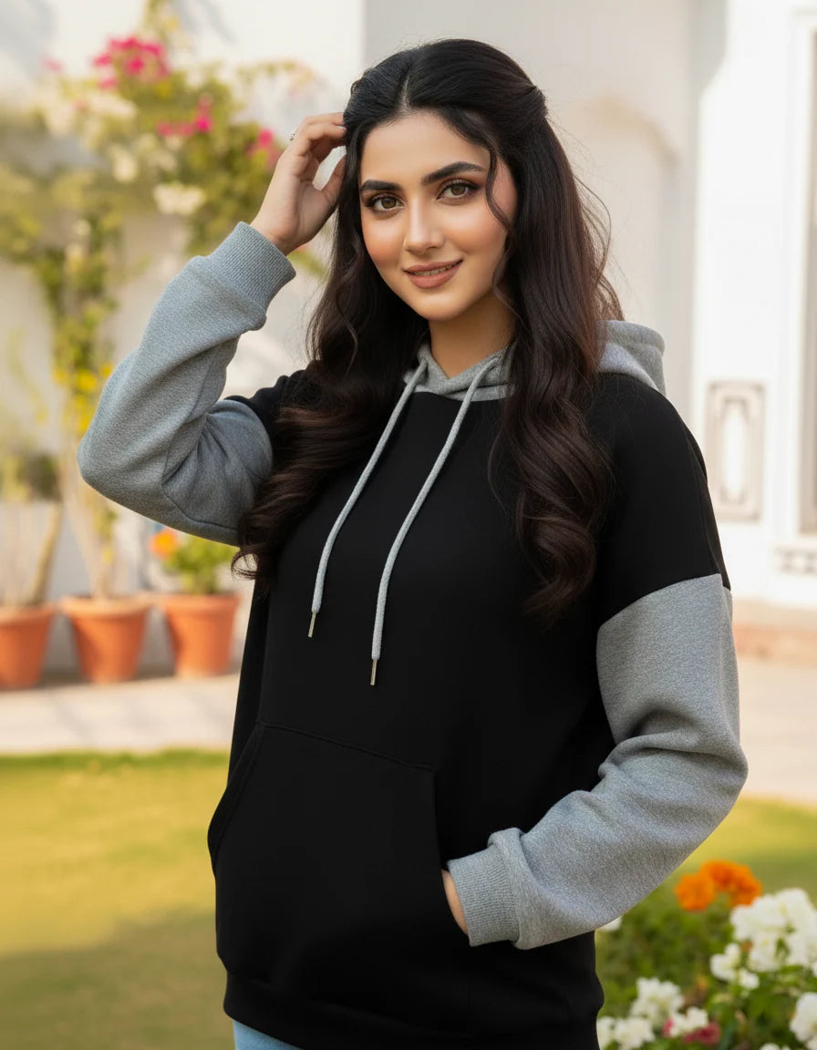 Winter Black With Grey Basic Hoodie For Women