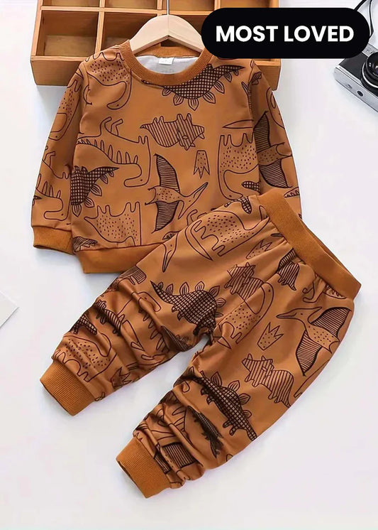 Fleece Fabric Brown Dinosaur Printed Kids Winter Suit ( Each )