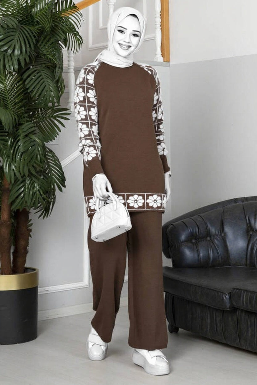 Winter Brown Sunflower Printed Long Sleeves 2 PCs Co-Ord Set
