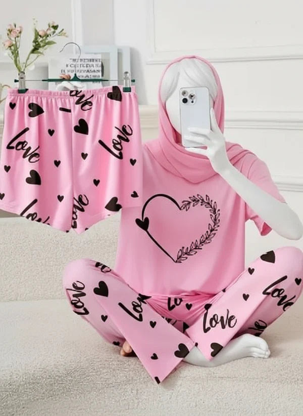 3 Piece Pink Heart Nightwear