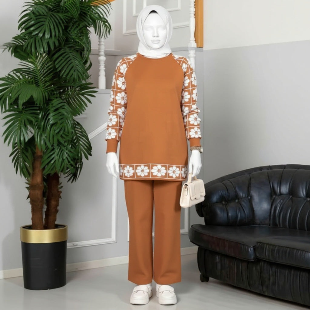 Winter Camel Sunflower Printed Long Sleeves 2 PCs Co-Ord Set