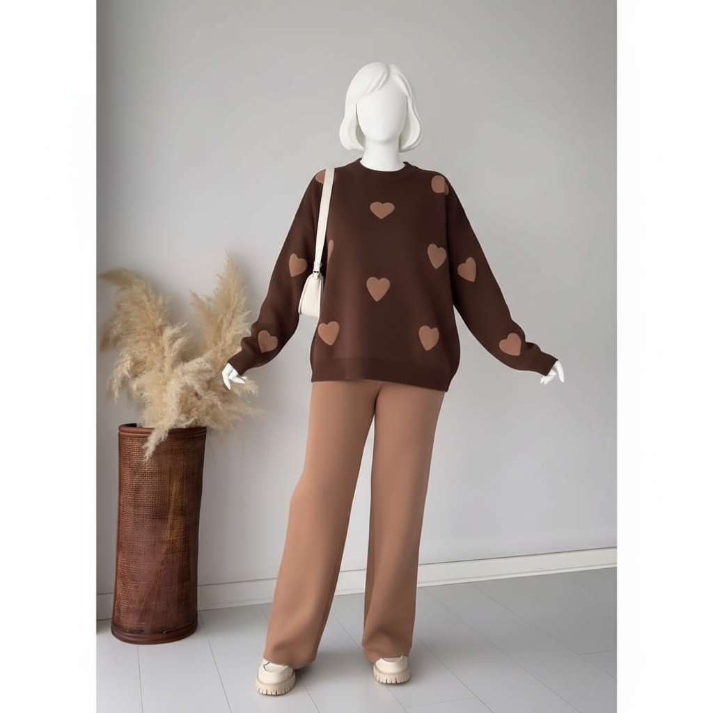 Winter Brown Heart Printed 2 PC Co-Ord Set