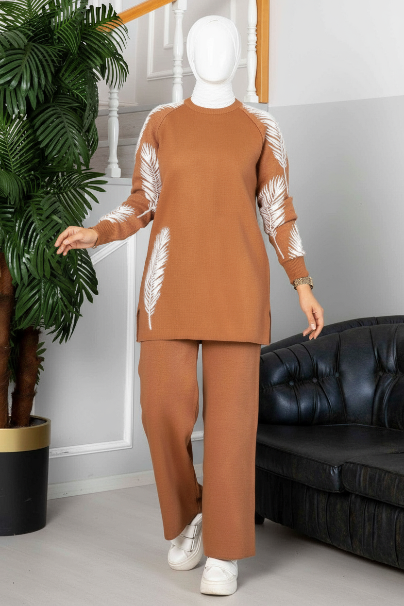 Winter Camel Feather Printed Long Sleeves 2 PC Co-Ord Set For Women