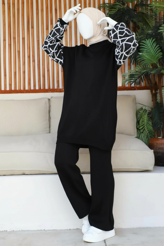 Winter Black Graffe Printed Long Sleeves 2 PC Co-Ord Set For Women