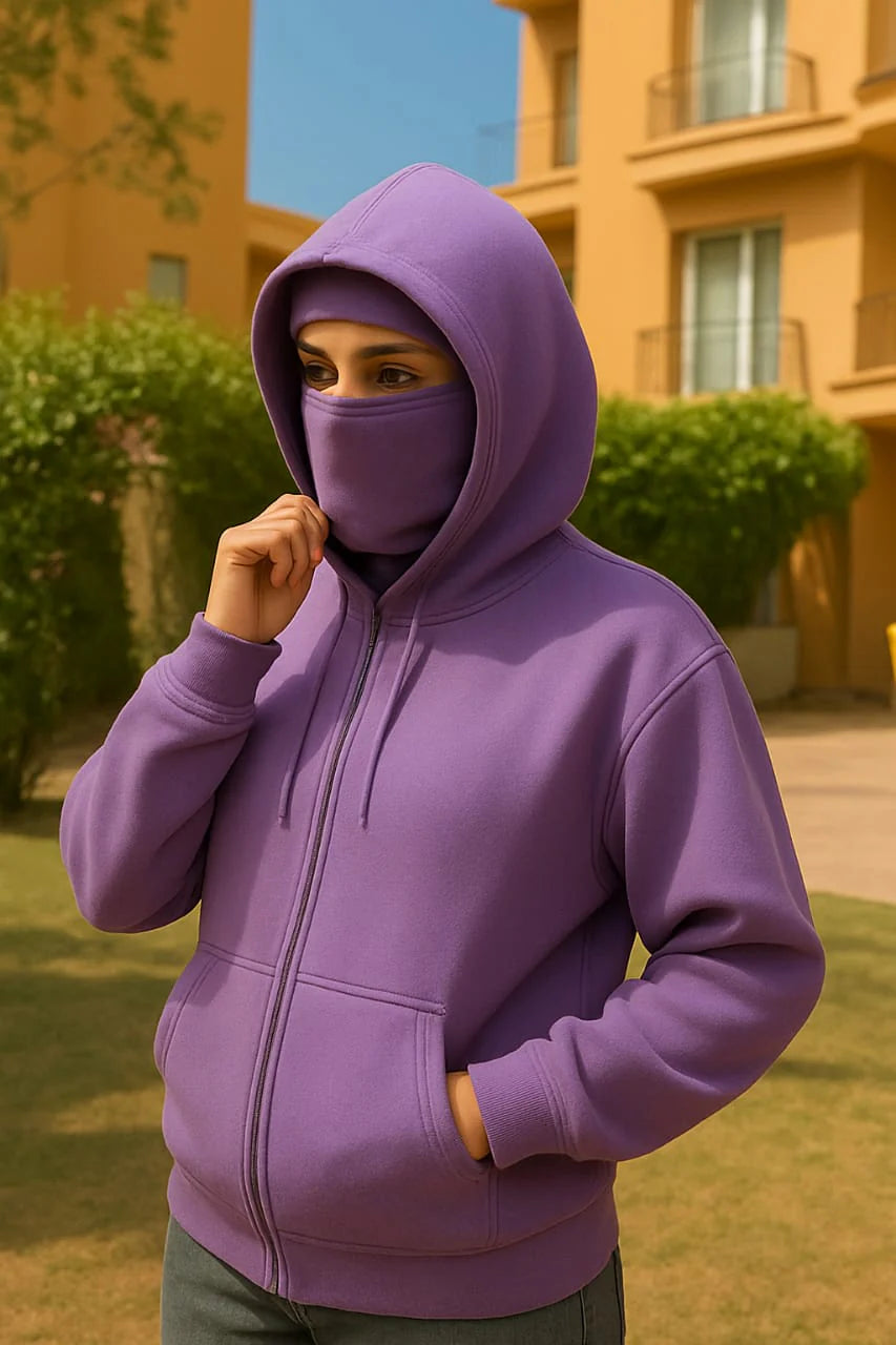 Full Zipper Ninja Hoodie – Streetwear Masked Pullover Purple Color