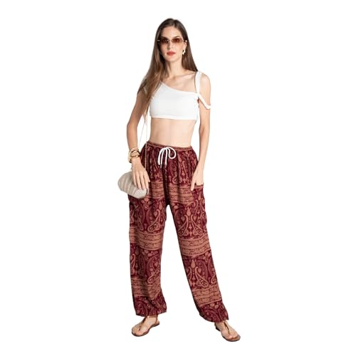 Tranquil Threads Women's Harem Pants with Pockets and Drawstring, Hippie Boho Yoga Clothes - color: Maroon Whisper, size: Large