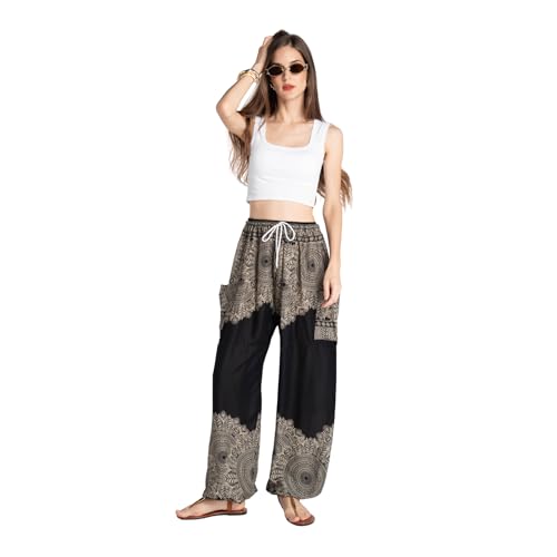 Tranquil Threads Women's Harem Pants with Pockets and Drawstring, Hippie Boho Yoga Clothes - color: Smokey Black, size: Medium