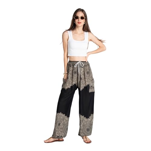 Tranquil Threads Women's Harem Pants with Pockets and Drawstring, Hippie Boho Yoga Clothes - color: Smokey Black, size: Medium