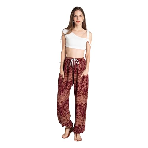 Tranquil Threads Women's Harem Pants with Pockets and Drawstring, Hippie Boho Yoga Clothes - color: Maroon Whisper, size: Large