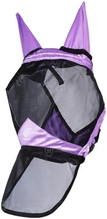 Harrison Howard Pro Luminous Horse Full Face Fly Mask Large Eye Space Long Nose with Ears UV Protection for Horse Gentle Lavendar L