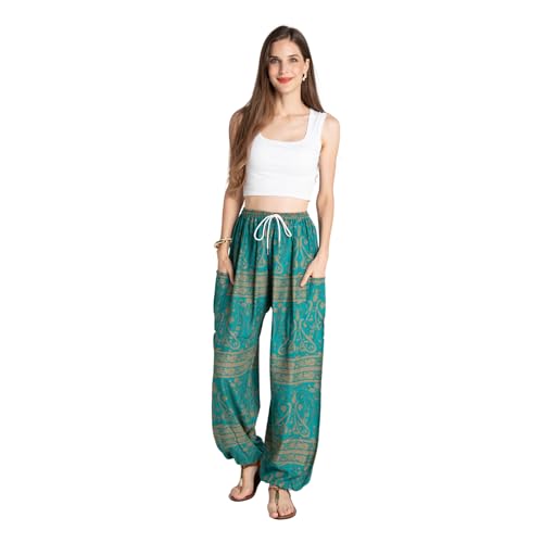 Tranquil Threads Women's Harem Pants with Pockets and Drawstring, Hippie Boho Yoga Clothes - color: Teal Reverie, size: X-Small