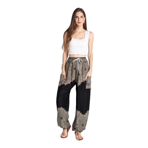 Tranquil Threads Women's Harem Pants with Pockets and Drawstring, Hippie Boho Yoga Clothes - color: Smokey Black, size: Medium
