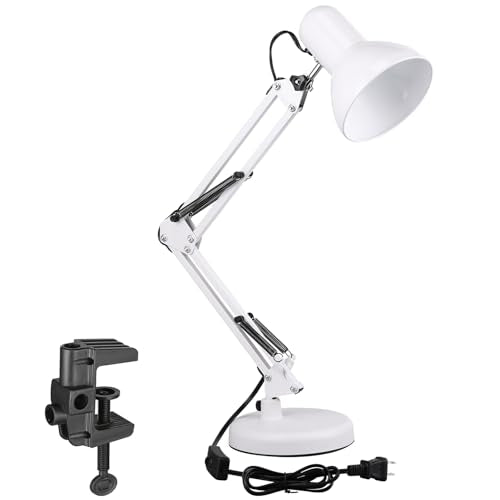 TORCHSTAR Metal Desk Lamp with Clamp, Swing Arm, Architect Adjustable Gooseneck Table Lamp, Clip Desk Lights for Home Office, Work, Study, Reading, E26 Base, Multi-Joint, White - color: White