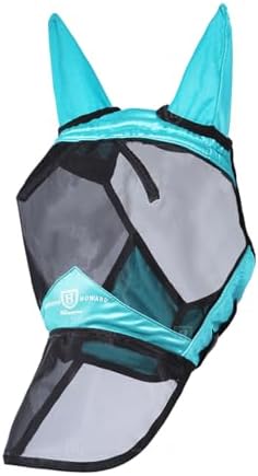 Harrison Howard Pro Luminous Horse Full Face Fly Mask Large Eye Space Long Nose with Ears UV Protection for Horse Teal S
