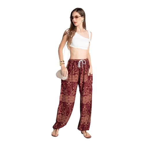 Tranquil Threads Women's Harem Pants with Pockets and Drawstring, Hippie Boho Yoga Clothes - color: Maroon Whisper, size: Large