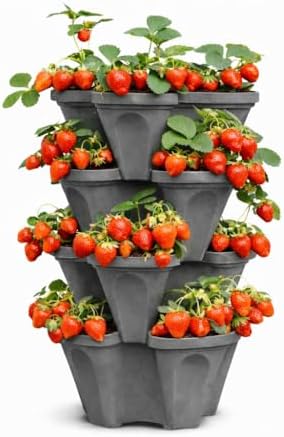 Vertical Garden Planter 4 Tier Stackable System 16 Plants, Space Saving Herb, Strawberry & Food Crop Planter with Center Support Hole for Indoor Outdoor Gardening (4, Slate Gray, Small)