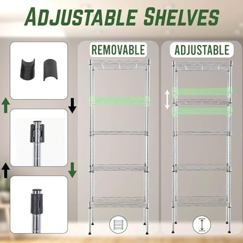 PayLessHere | 5-Tier Wire Shelf | 17"x12"x48" | Chrome | Adjustable Racks | Heavy-Duty Storage Shelves, Holds Upto 750 lbs | Rust-Resistant, No-Tool Assembly | for Home, Garage Shelving
