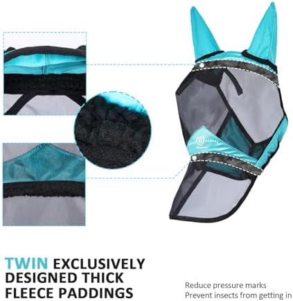 Harrison Howard Pro Luminous Horse Full Face Fly Mask Large Eye Space Long Nose with Ears UV Protection for Horse Teal S