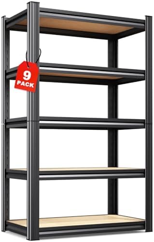 9-Pack Heavy Duty Metal Shelving Units, 71" H x 28" W x 12" D, 5-Tier Adjustable Steel Storage Racks for Garage, Warehouse, Industrial, and Home Organization, 1900 lbs Capacity