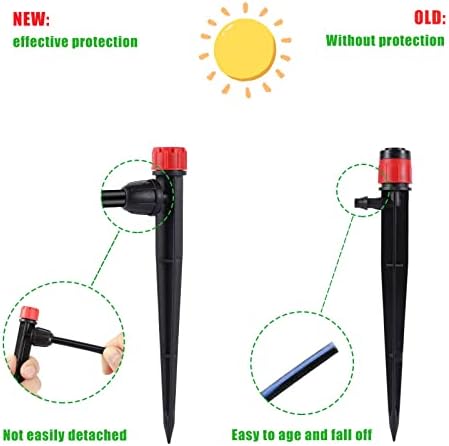 Drip Irrigation Emitters Adjustable 360 Degree Drip Emitters on 5" with Stake for 1/4" Drip Irrigation Tubing Irrigation Drippers for Garden Watering System. (50pcs-Red Drip)