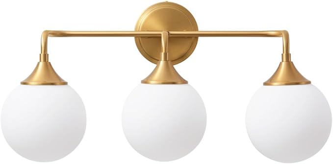 Gold Bathroom Light Fixtures, Modern Vanity Lighting Over Mirror, Mid Century Brushed Brass Wall Sconce 3-Light with Milky White Glass Ball Shades