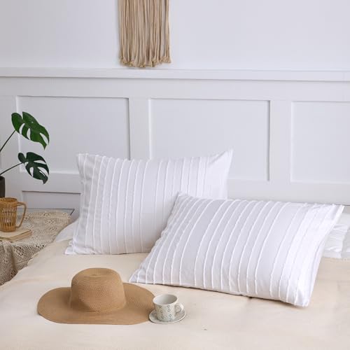 King Pillow Shams 2 Pack, King Size Pillowcases, Soft Microfiber Geometric Striped Tufted Pillow Covers with Envelope Closure, White, 20x36 Inches (No Insert) - color: White-stripe, size: King(20*36)