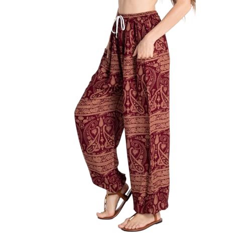 Tranquil Threads Women's Harem Pants with Pockets and Drawstring, Hippie Boho Yoga Clothes - color: Maroon Whisper, size: X-Large