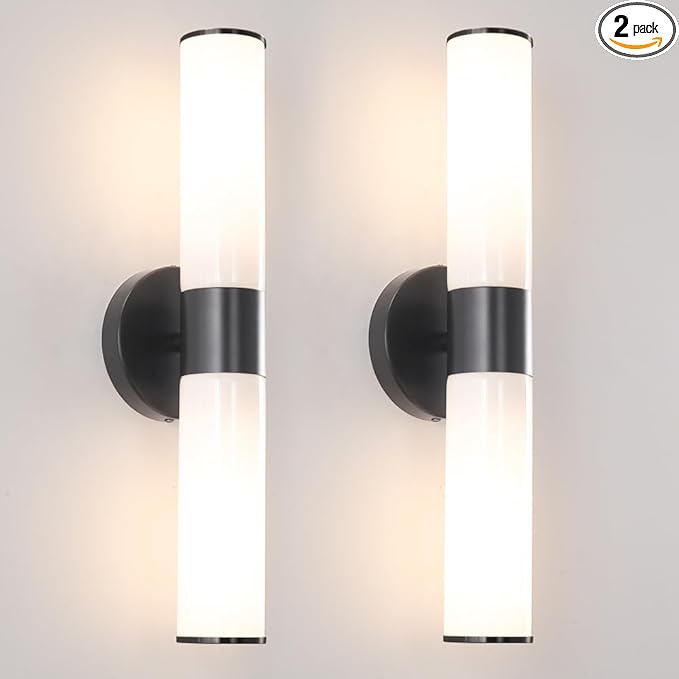 Black Wall Sconces Set of 2, Modern Sconces Wall Lighting, Bathroom Vanity Lights with Opal White Glass Shade, Vanity Sconce over Mirror, Wall Light Fixtures for Living Room Bedroom Hallway Stairs