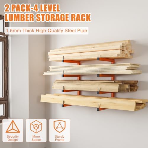 2-Pack Lumber Storage Rack, Wood Storage Racks Wall Mount, Heavy Duty Garage Wood Organizer With 4-Level System, Orange Utility Rack Organization Up 800 Lbs, Metal Lumber Shelf for Indoor and Outdoor