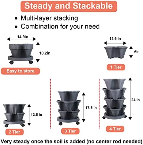 GameXcel Vertical Planter Tower - 4 Tier Stackable Garden Planters with Wheels and Tools Plant Pots for Strawberry Herb Flower and Vegetable Indoor Outdoor Use Dark Gray