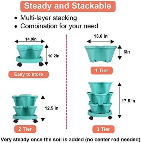 GameXcel Vertical Planter Tower - 3 Tier Stackable Garden Planters with Wheels and Tools Plant Pots for Strawberry Herb Flower and Vegetable Indoor Outdoor Use Teal 2 Pack