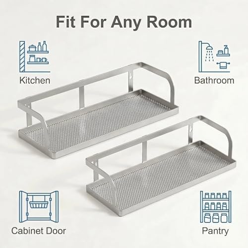 PUSDON 2-Pack 16.5" Extra Long Slim Hollowout Shower Caddy, Wall Mount Spice Rack & Bathroom Organizer, Mesh Bottom Cabinet Door Shelf Holds 50LBS - Silver Gray, Hollowout