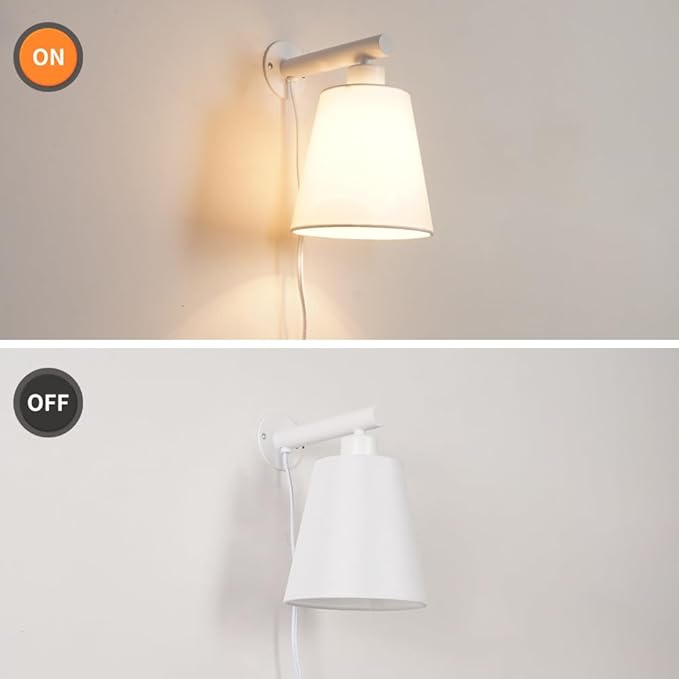 White Plug in Wall Sconces Set of Two, White Wall Sconce with Cord, Bedside Wall Lamps Plug in Set of 2 with Fabric Linen Shade, Wall Decor Bedroom Sconces for Living Room Hallway Porch