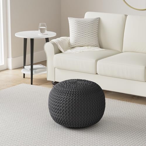 Nahunta Knitted Round Pouf - Cotton - Gray - color: Grey