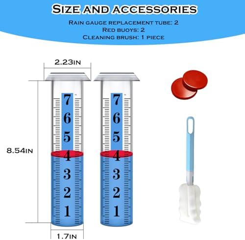 2PCS Rain Gauge Replacement Tube Plastic, Accurate Rain Gauge Outdoor, Thickened and Transparent 7" Capacity Tube with Blue Strip for Yard & Garden, 2 Rainfall Meter Tube with 1 Clean Brush