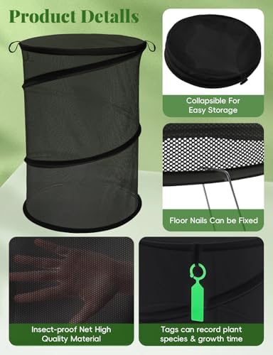 4 Pack Pop Up Plant Covers from Animals, 20" H X 13" D Insect Garden Covers, Round Foldable Mesh Plant Cover, Plant Protectors for Outdoor Plants, with Stakes and Labels (Black)
