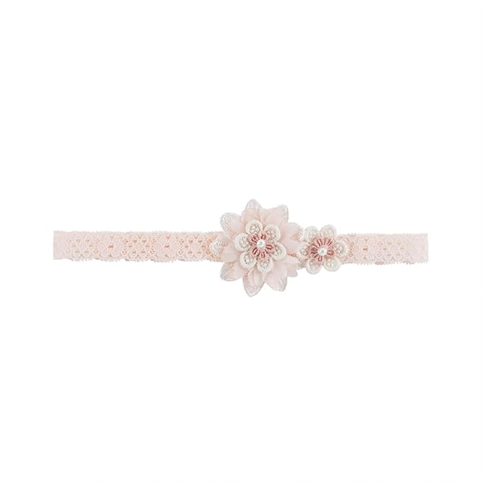 Baby Girls Hairbands Lace Flowers Headband Handmade Soft Stretchy Colorful Flower Hairband Newborn Headbands with Pearls Elastic Hairbands for Infant Head Band (Two Pink Flowers)