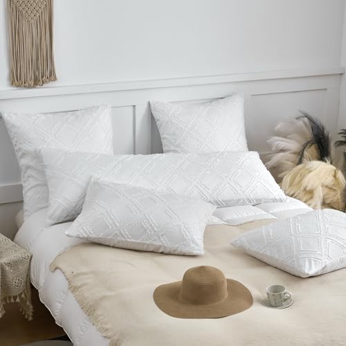 Queen Pillow Shams 2 Pack, Queen Size Pillowcases, Soft Microfiber Geometric Tufted Pillow Covers with Envelope Closure, White, 20x30 Inches (No Insert) - color: White-grid, size: Queen(20*30)