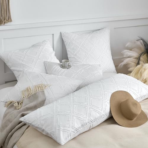 Queen Pillow Shams 2 Pack, Queen Size Pillowcases, Soft Microfiber Geometric Tufted Pillow Covers with Envelope Closure, White, 20x30 Inches (No Insert) - color: White-grid, size: Queen(20*30)