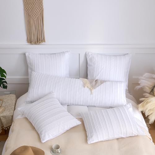 Standard Pillow Shams 2 Pack, Standard Size Pillowcases, Soft Microfiber Geometric Striped Tufted Pillow Covers with Envelope Closure, White, 20x26 Inches (No Insert) - color: White-stripe, size: Standard(20*26)