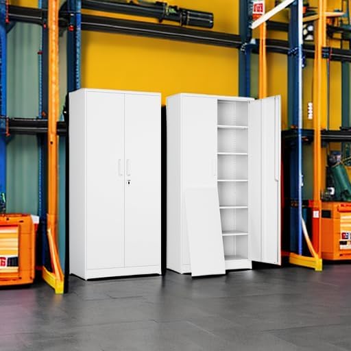 Yizosh Metal Garage Storage Cabinet with 2 Doors and 5 Adjustable Shelves - 71" Steel Lockable File Cabinet,Locking Tool Cabinets for Office,Home,Garage,Gym,School (White)