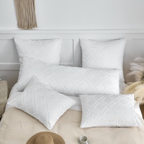 Queen Pillow Shams 2 Pack, Queen Size Pillowcases, Soft Microfiber Geometric Tufted Pillow Covers with Envelope Closure, White, 20x30 Inches (No Insert) - color: White-grid, size: Queen(20*30)