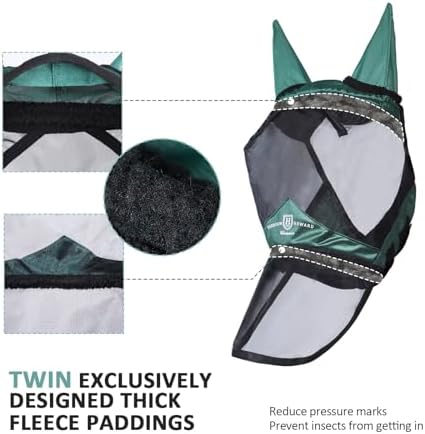 Harrison Howard Pro Luminous Horse Full Face Fly Mask Large Eye Space Long Nose with Ears UV Protection for Horse Hunter Green L