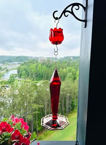 Real Glass Ant Moat for Hummingbird Feeders & Oriole Feeders Glass Tulip Shape Insect Guard with Large Capacity Flower Design Nectar Feeder Accessory Hooks (Red, 1 Pack)