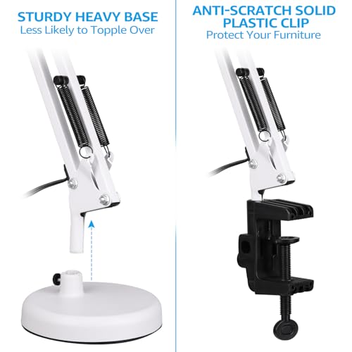 TORCHSTAR Metal Desk Lamp with Clamp, Swing Arm, Architect Adjustable Gooseneck Table Lamp, Clip Desk Lights for Home Office, Work, Study, Reading, E26 Base, Multi-Joint, White - color: White