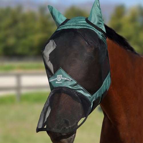 Harrison Howard Pro Luminous Horse Full Face Fly Mask Large Eye Space Long Nose with Ears UV Protection for Horse Hunter Green L