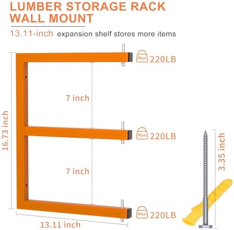 Lumber Rack Wall-Mounted Lumber Storage Rack, Heavy Duty Wood Storage Racks with 9-Level System, 1980 LB Sturdy Garage Wood Organizer, Orange Lumber Metal Racks for Indoor and Outdoor (6 Pack)