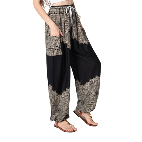 Tranquil Threads Women's Harem Pants with Pockets and Drawstring, Hippie Boho Yoga Clothes - color: Smokey Black, size: Medium